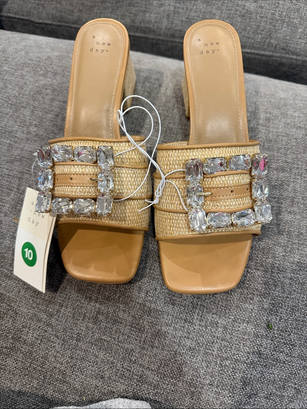 a new day Tan Raffia Slide Mules with Crystal Buckle
